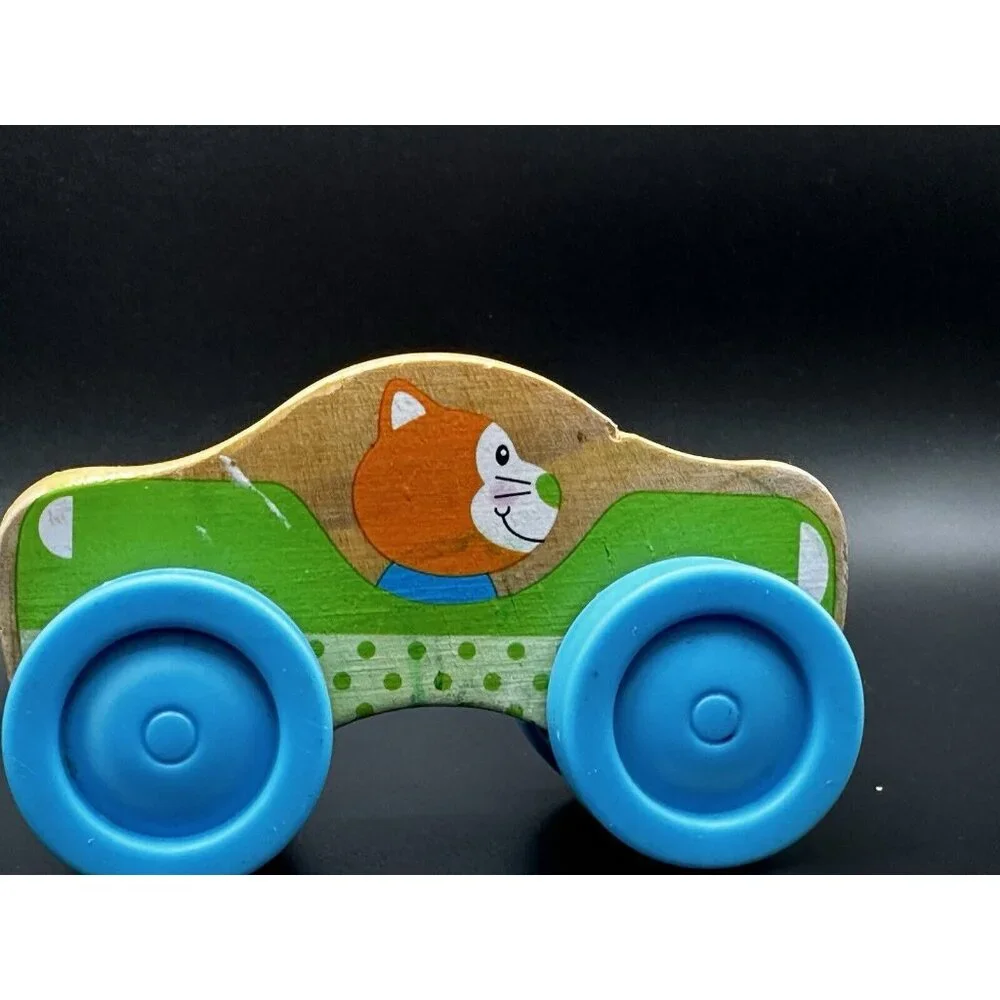 Melissa and Doug Stackable Car Wooden Toy orange‎ cat driver blue wheels 4”